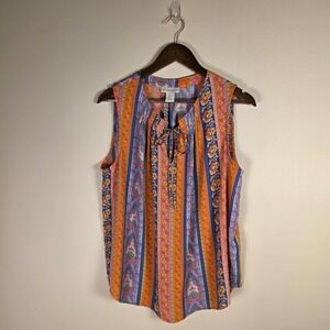 Cynthia Rowley Sleeveless Blouse Womens Large Multicolor Boho Paisley Tie Neck
